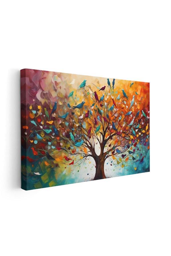 Kanvas Yatay Duvar Tablosu Kanvas Hayat Agaci Ve Kuslar Ev Ofis Salon Modern Duvar Tablosu - Image 1