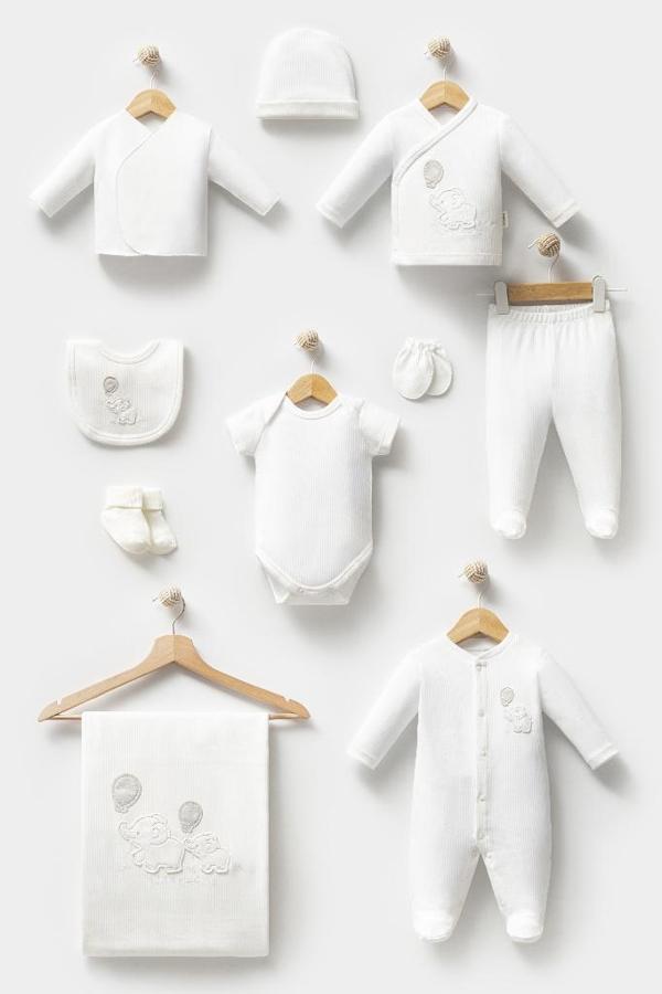 Bebitof %100 Pamuk Sevimli Balonlu Fil Desenli 10 Parça Kutulu Yenidoğan Hastane Çıkışı Zıbın Seti BBTF.EKR.10124 - Image 1