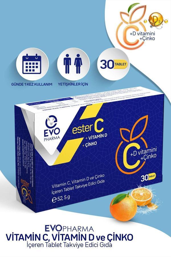 EVOPHARMA Ester C Vitamin D Vitamin C Ve Çinko Içeren Takviye Edici Gıda 30 Tablet - Image 1