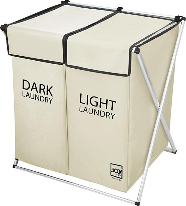 Box&Box 2 Bölmeli Çamaşır ve Kirli Sepeti, Krem, Makinede Yıkanabilir Kumaş, 54x42x58 cm - Image 1