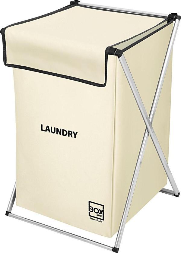 Box&Box Tek Bölmeli Çamaşır ve Kirli Sepeti, Krem, Makinede Yıkanabilir Kumaş Çantalı, 39x42x58 cm  - Image 1