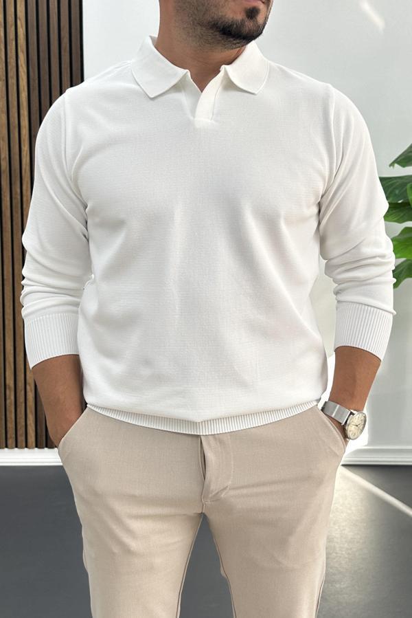Erkek Açık Yaka Düz Desen Normal Kalıp Kazak Beyaz Edw423 - Image 1