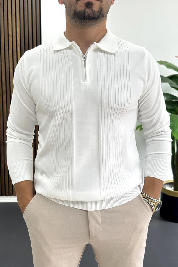 Erkek Çizgi Desenli Normal Kalıp Kazak Beyaz Edw422 - Image 1