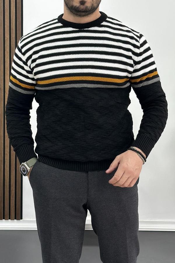 Erkek Çizgili Bisiklet Yaka Slim Fit Triko Kazak Siyah Edw019 - Image 1