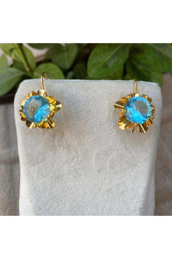 14 Ayar Altın Firuze Taşlı Güllü Küpe - Image 1