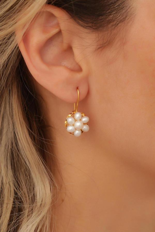 14 Ayar Altın Incili Papatya Küpe - Image 1