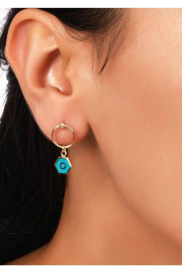 14 Ayar Altın Sallantılı Mavi Altıgen Küpe - Image 1