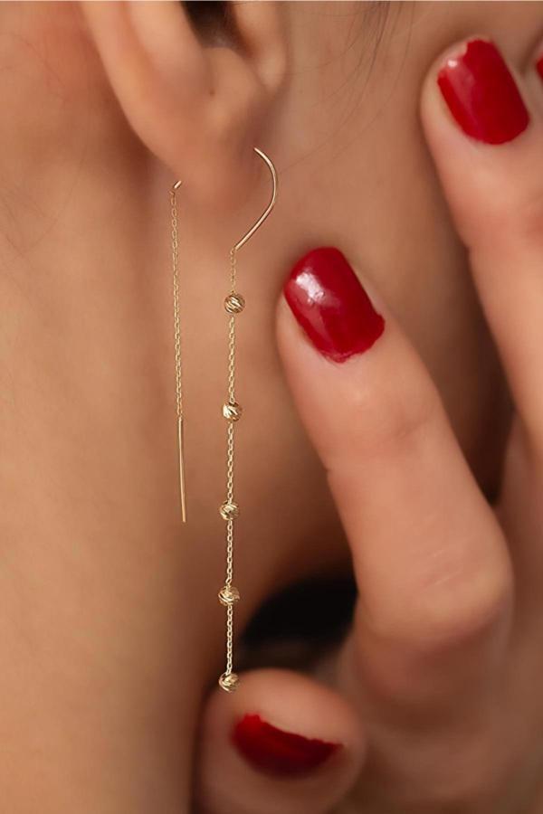 14 Ayar Altın Topçik Zincir Küpe - Image 1