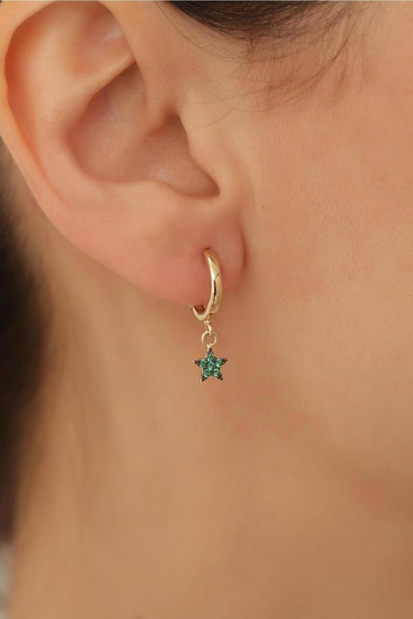 14 Ayar Altın Yeşil Yıldız Sallantılı Halka Küpe - Image 1