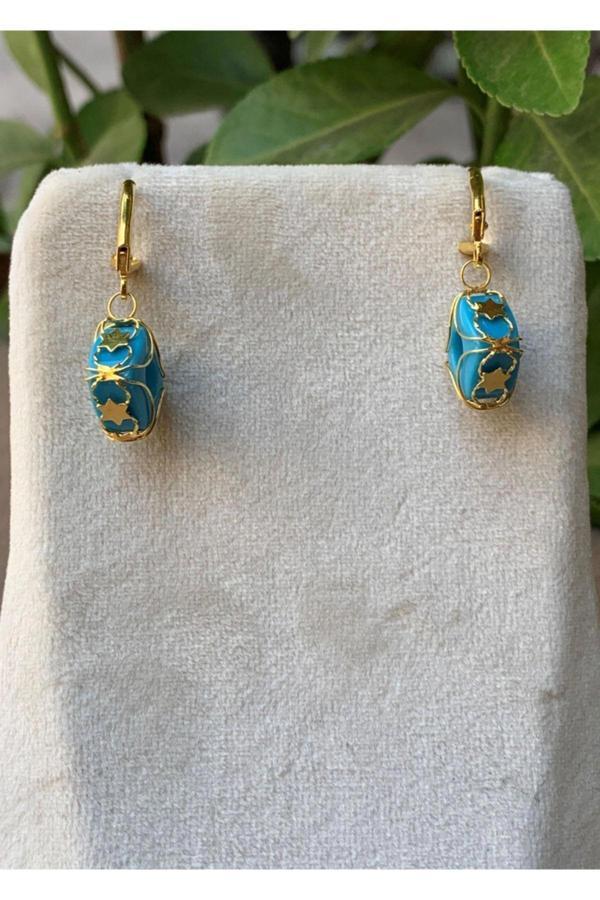 14 Ayar Altın Turkuaz Boncuklu Kafesli Küpe - Image 1