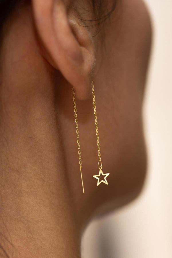 14 Ayar Altın Zincirli Yıldız Küpe - Image 1
