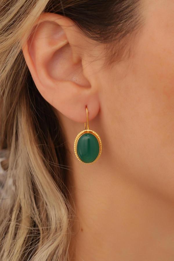 14 Ayar Altın Yeşil Akik Taşlı Meftüllü Oval Küpe - Image 1