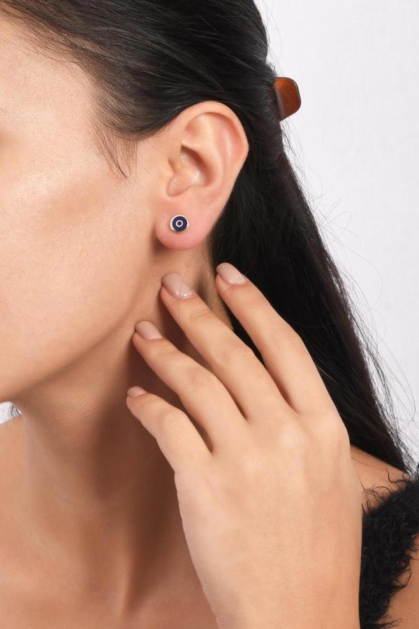 14 Ayar Altın Lacivert Mineli Yuvarlak Küpe - Image 1