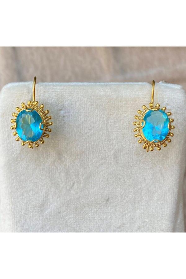 14 Ayar Altın Mavi Güneş Taşlı Küpe - Image 1