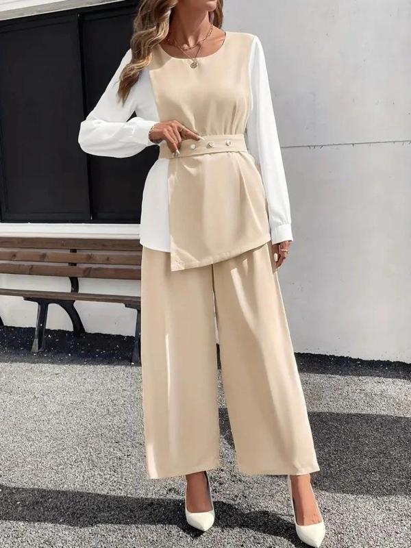 MDB Kadın Uzun Kollu Açık Yakalı çift Renkli Kemerli Ithal Krep Ikili Takım - Image 1