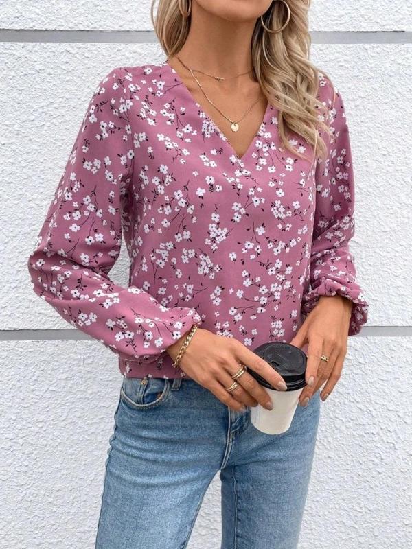 MDB Kadın Uzun Kollu V Yakalı çiçek Desenli Modal Bluz - Image 1