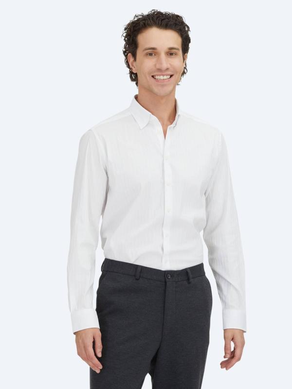 Beyaz Çizgili Regular Fit Dokuma Spor Pamuk Karışımlı Gömlek - Image 1