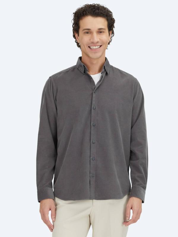 Gri Çizgili Regular Fit Dokuma Kadife Casual %100 Pamuk Gömlek - Image 1