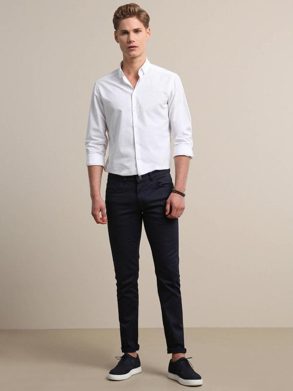 Lacivert Düz Dokuma Fitted Fit Casual Pamuk Karışımlı Pantolon - Image 1