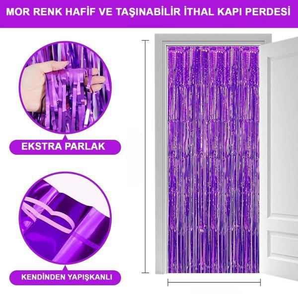 Mor Renk Ekstra Metalize Parlak Saçaklı Arka Fon Perde İthal A Kalite 1x2 Metre - Image 1