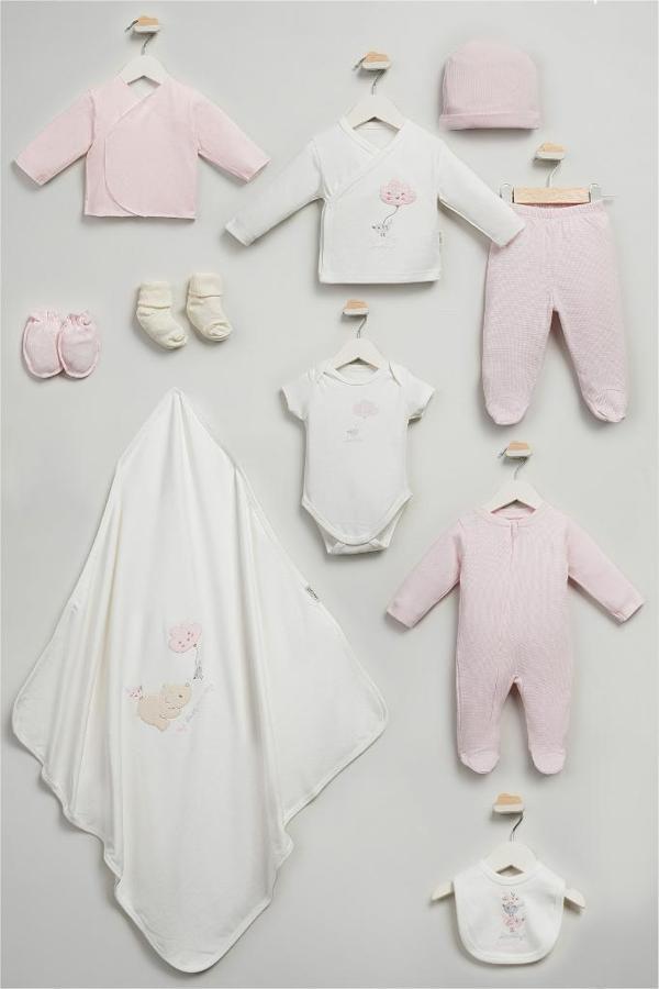 Bebitof  %100 Pamuk Sevimli Kutup Ayısı ve Kuş Desenli 10 Parça Kutulu Yenidoğan Hastane Çıkışı Zıbın Seti BBTF.PMB.1011 - Image 1