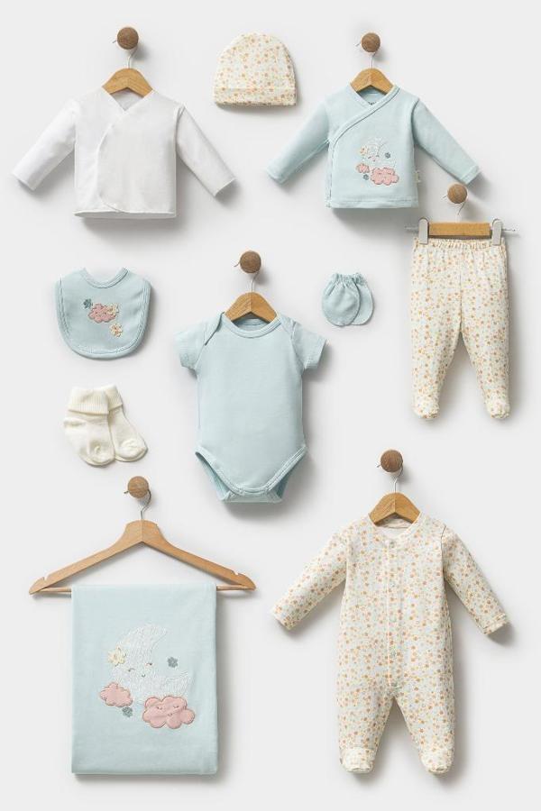 Bebitof %100 Pamuk Sevimli Ay ve Bulut Desenli 10 Parça Kutulu Yenidoğan Hastane Çıkışı Zıbın Seti BBTF.SYSL.101 - Image 1