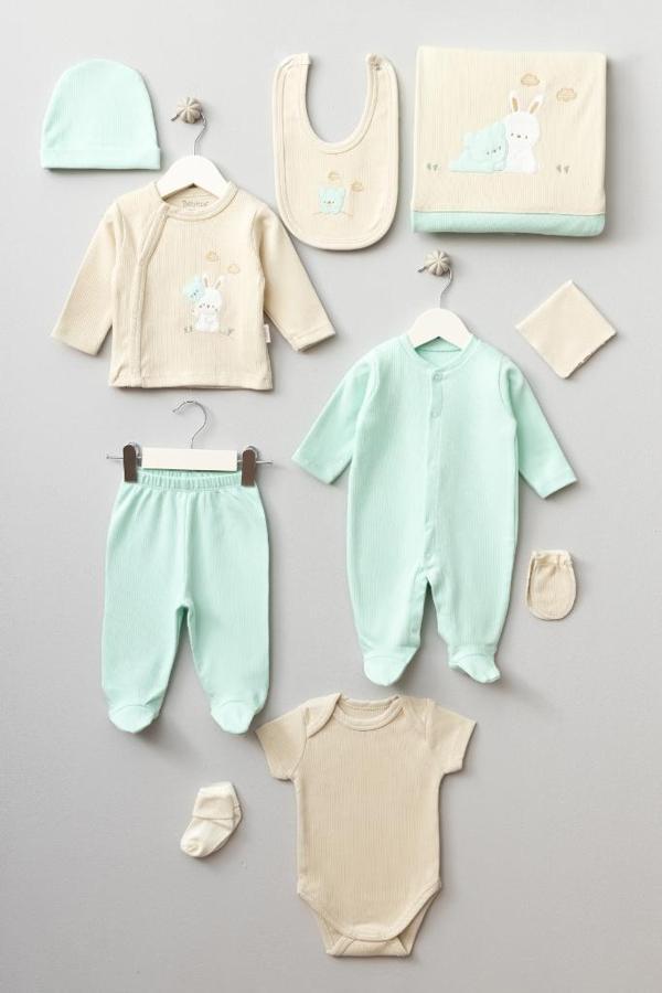 Bebitof %100 Pamuk Ayıcık ve Tavşan Desenli 10 Parça Kutulu Yenidoğan Hastane Çıkısı Seti BBTF.SYSL.10088 - Image 1