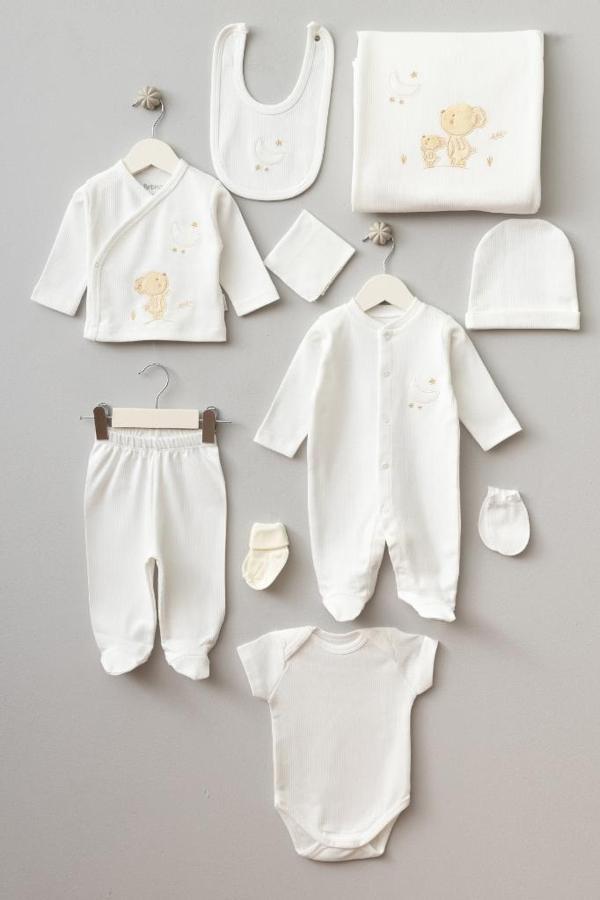 Bebitof %100 Pamuk Sevimli Ay ve Ayıcık Desenli 10 Parça Kutulu Yenidoğan Hastane Çıkışı Zıbın Seti BBTF.EKR.10103 - Image 1