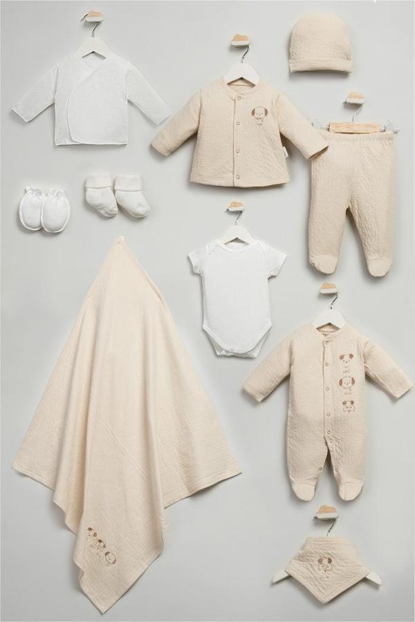 Bebitof %100 Pamuk Sevimli Köpekcikler Desenli 10 Parça Kutulu Yenidoğan Hastane Çıkışı Zıbın Seti BBTF.BJ.10116 - Image 1