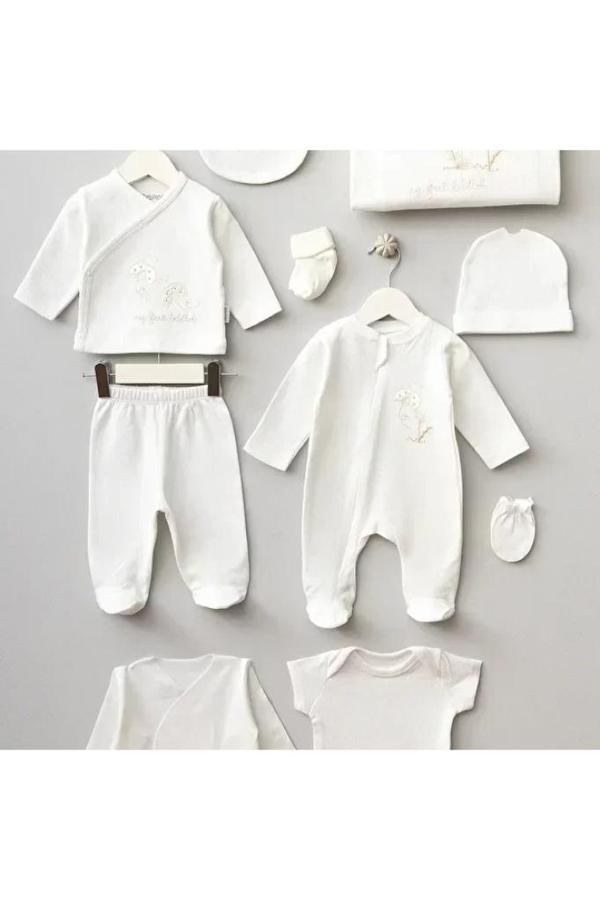 Bebitof %100 Pamuk Sevimli Uğur Böceği Desenli 10 Parça Kutulu Yenidoğan Hastane Çıkışı Zıbın Seti Ekru BBTF.EKR.10122 - Image 1