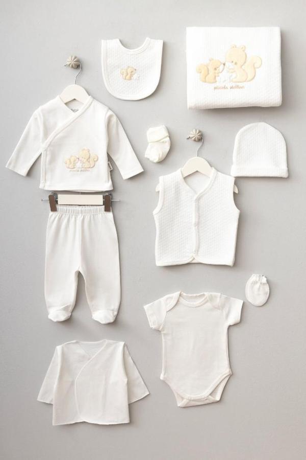 Bebitof %100 Pamuk Sevimli Yıldızlı Sincaplar Desenli 10 Parça Kutulu Yenidoğan Hastane Çıkışı Zıbın Seti Ekru BBTF.EKR. - Image 1