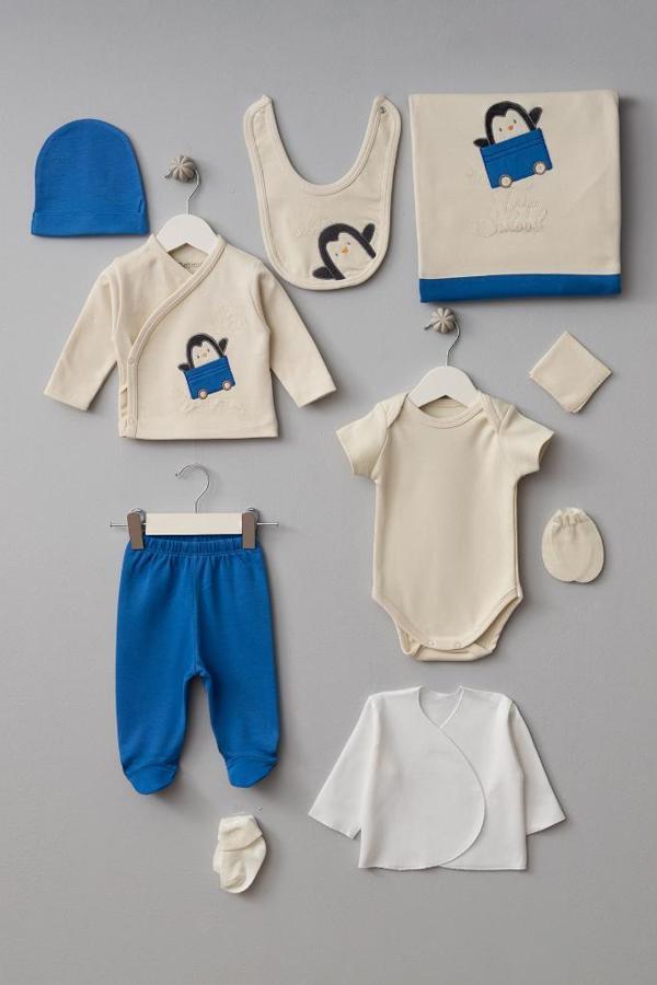 Bebitof %100 Pamuk Arabalı Penguen Desenli 10 Parça Kutulu Yenidoğan Hastane Çıkısı Seti BBTF.MV.10094 - Image 1