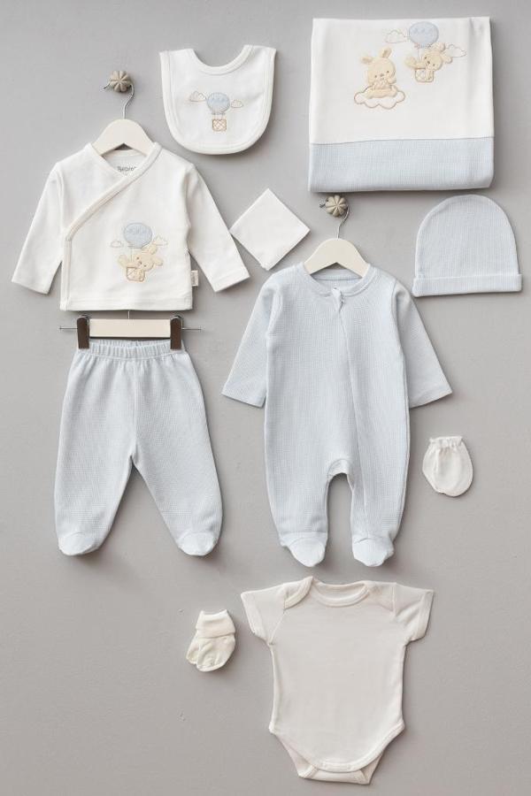 Bebitof %100 Pamuk Balonlu Tavşan Desenli 10 Parça Kutulu Yenidoğan Hastane Çıkışı Zıbın Seti BBTF.MV.10110 - Image 1