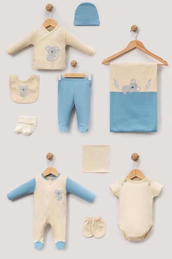 Bebitof %100 Pamuk Sevimli Koala Desenli 10 Parça Kutulu Yenidoğan Hastane Çıkışı Zıbın Seti Mavi BBTF-MV-10089 - Image 1