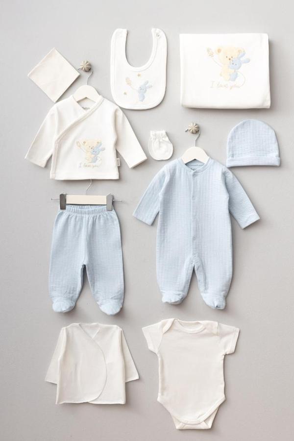 Bebitof %100 Pamuk Sarılan Ayıcık Desenli 10 Parça Kutulu Yenidoğan Hastane Çıkışı Zıbın Seti BBTF.MV.10099 - Image 1