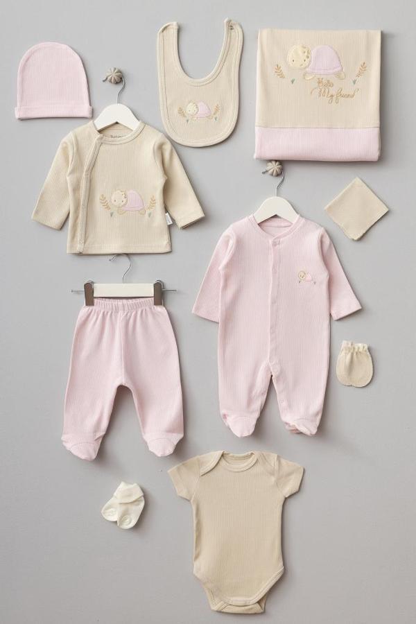 Bebitof %100 Pamuk Kaplumbağa Desenli 10 Parça Kutulu Yenidoğan Hastane Çıkısı Seti Pembe BBTF-PMB-10077 - Image 1