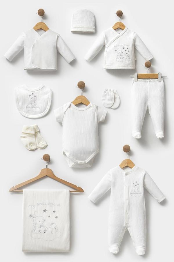 Bebitof %100 Pamuk Sevimli Tavşanlar Desenli 10 Parça Kutulu Yenidoğan Hastane Çıkışı Zıbın Seti BBTF.EKR.10127 - Image 1