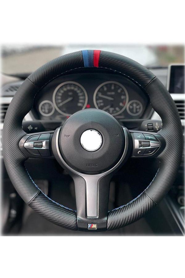 Bmw 1 Serisi Noktalı Karbon 3MYüzüklü Mavi Kırmızı Dikişli (Simit Kısmına Dikilen Kılıf) - Image 1
