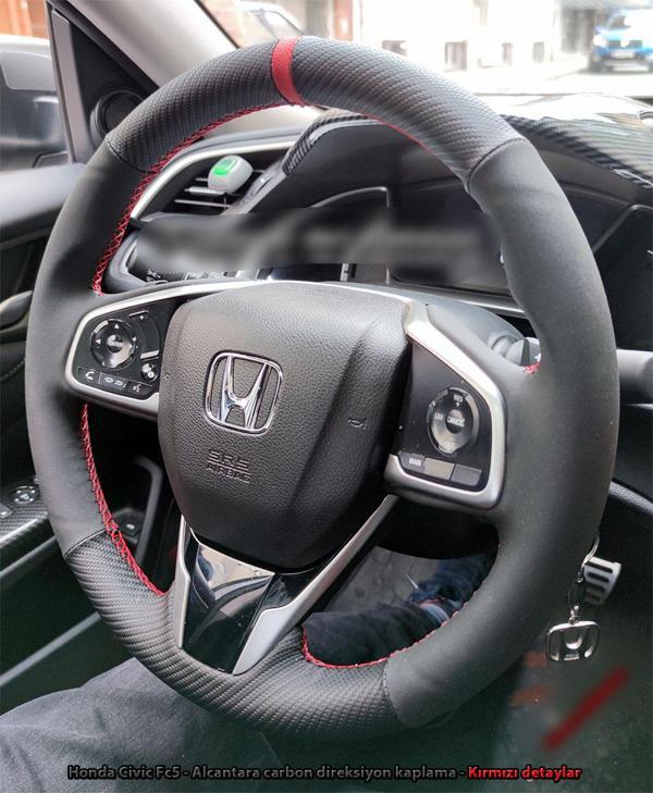 Honda Civic Fc5 Araca Özel Direksiyon Kılıfı (Karbon Alcantra Kırmızı Yüzüklü) - Image 1