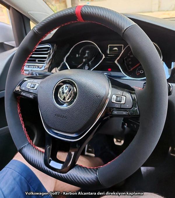 Golf 7 Jetta Passat Tiguan Polo-T-Roc F1 Dikmeli Araca Özel Direksiyon Kılıfı NUBUK KARBON YÜZÜKLÜ - Image 1