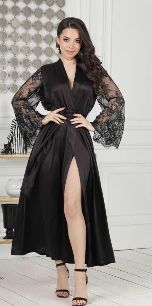 Dantelli Uzun Gelin Elbisesi, Siyah Düğün Kimonosu, Dantel Kollu - Image 1