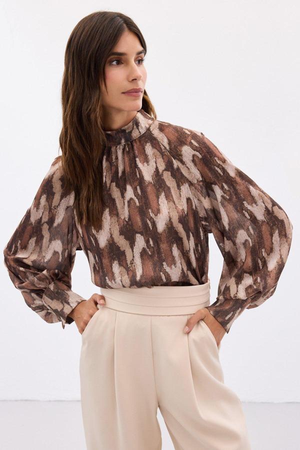 Desenli Salaş Bluz - Kahve - Image 1