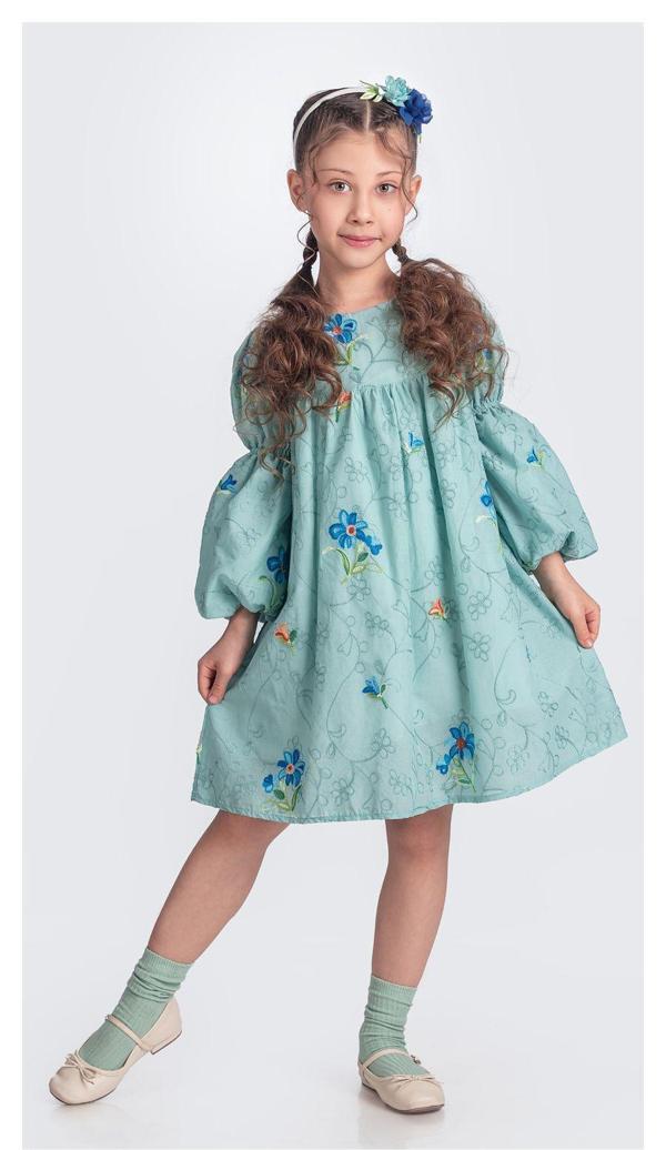 Otantik Akdeniz Çiçek NakışKız Çocuk Müslin Elbise M00706 YEŞİL - Image 1
