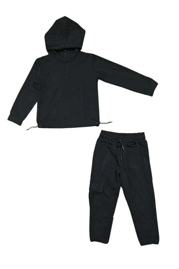 Kapşonlu Beli Lastik Detaylı Kız Çocuk Günlük Eşofman Takımı 2 İplik MNK0665 SİYAH - Image 1