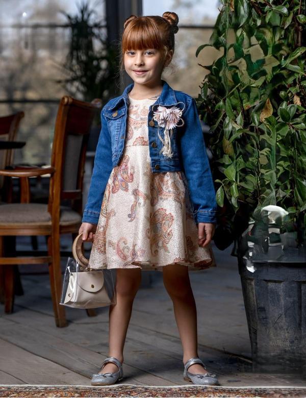 Çiçek Motif Kot Ceketli Kız Elbise M00721 BEJ - Image 1