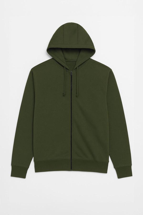 Erkek Fermuarlı Kapüşonlu İçi Polarlı Haki Sweatshirt - Image 1