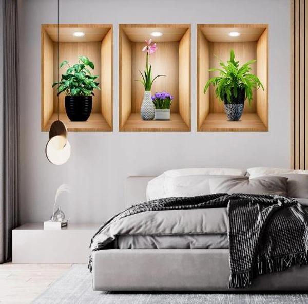 3d Çiçek Vazo Duvar Sticker 3 Lü Set Kahverengi Fon - Image 1