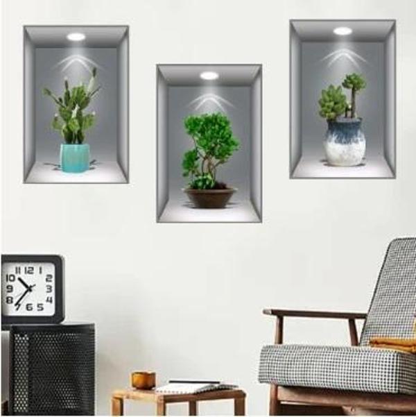 3d Çiçek Vazo Duvar Sticker 3 Lü Set Gri Fon - Image 1