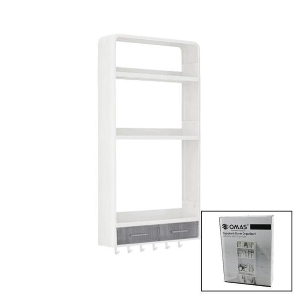 Beyaz Yapışkanlı Duvar Organizeri Plastik 3 Raf=14cm-19cm-30cm - 2 Çekmece=40cm - 6 Askı 19 Parça - Image 1