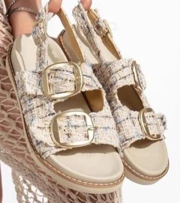 Olira Bej Simli Kemerli Sandalet - Image 1